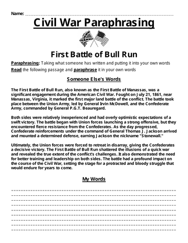 First Battle of Bull Run Paraphrasing Worksheet