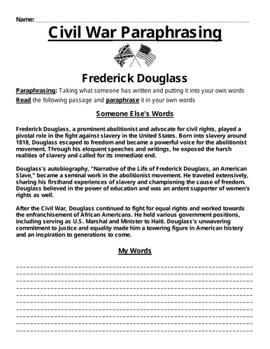 Frederick Douglass Paraphrasing Worksheet