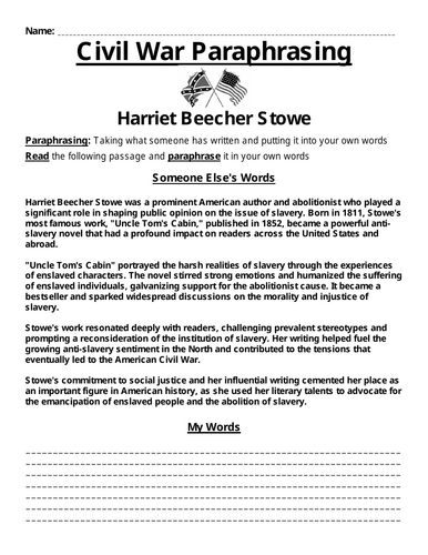 Harriet Beecher Stowe Paraphrasing Worksheet