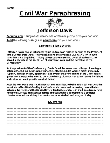 Jefferson Davis Paraphrasing Worksheet