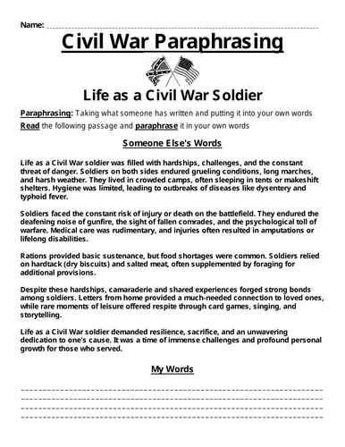 Life as an American Civil War Soldier Paraphrasing Worksheet