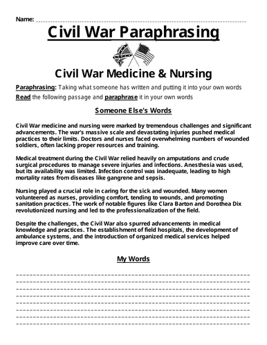 American Civil War Medicine and Nursing Paraphrasing Worksheet