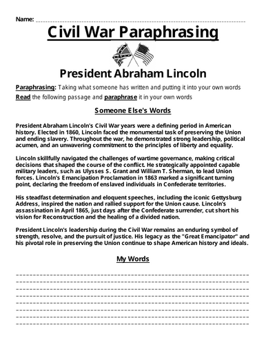 President Abraham Lincoln Paraphrasing Worksheet (American Civil War)