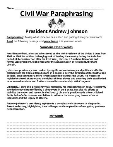 President Andrew Johnson Paraphrasing Worksheet