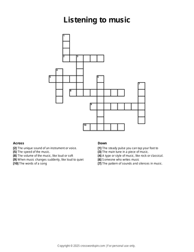 Listening to music crossword (KS2)