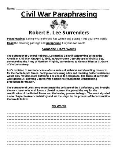 Robert E. Lee Surrenders Paraphrasing Worksheet