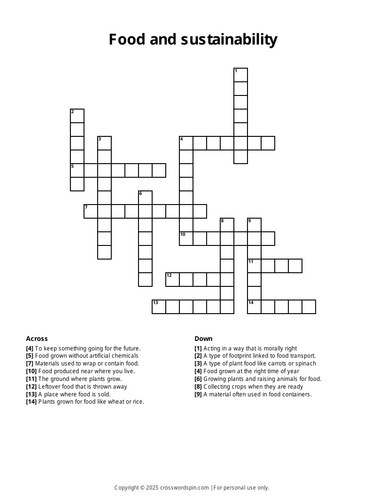 Food and sustainability crossword (KS3)