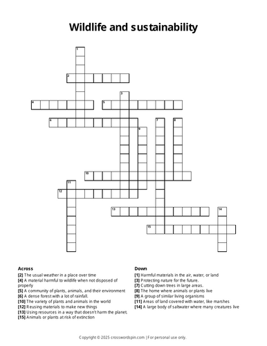 Wildlife and sustainability crossword (KS3)