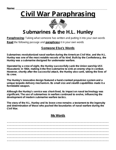 American Civil War Submarines & the H.L. Hunley Paraphrasing Worksheet