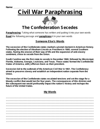 Confederation Secedes Paraphrasing Worksheet