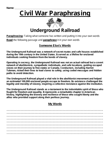 Underground Railroad Paraphrasing Worksheet