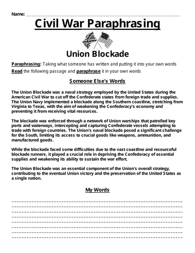 American Civil War Union Blockade Paraphrasing Worksheet