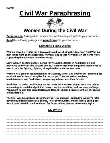 Women During the Civil War Paraphrasing Worksheet