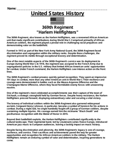369th Regiment Article & Questions Assignment (PDF & WORD)