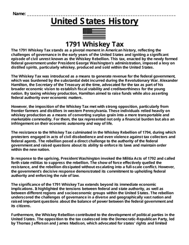 1791 Whiskey Tax Article & Questions (PDF& WORD)