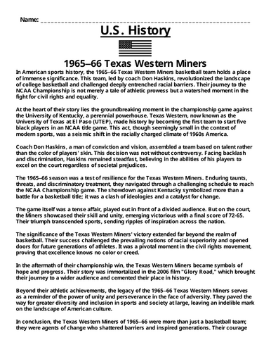1965–66 Texas Western Miners Article & Questions Assignment