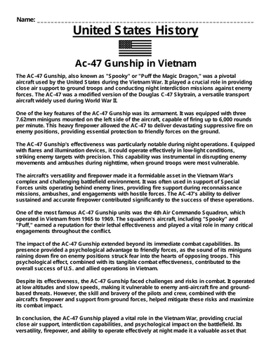 Ac-47 Gunship in Vietnam Article & Questions Assignments