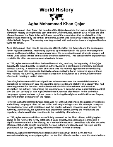 Agha Mohammad Khan Qajar Article & Questions Assignment