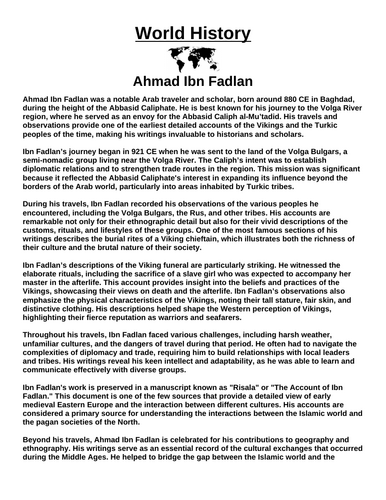 Ahmad Ibn Fadlan Article & Questions Assignment