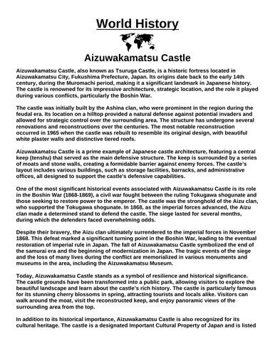 Aizuwakamatsu Castle Article & Questions Assignment