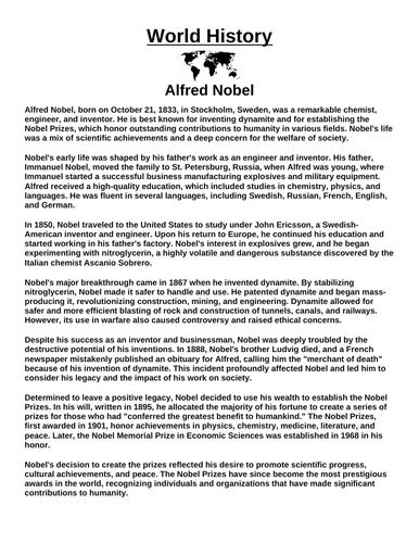 Alfred Nobel Article & Questions Assignment