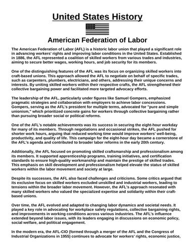 American Federation of Labor “Article & Questions” Assignment