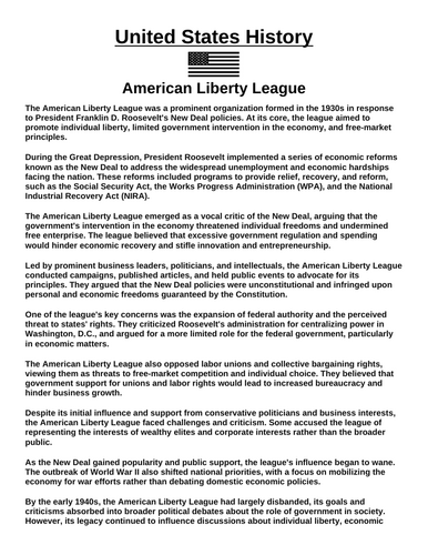 American Liberty League “Article & Questions” Assignment