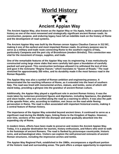 Ancient Appian Way “Article & Questions” Assignment