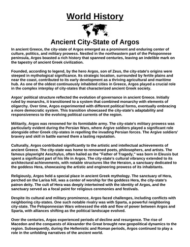 Ancient City-State of Argos “Article & Questions” Assignment