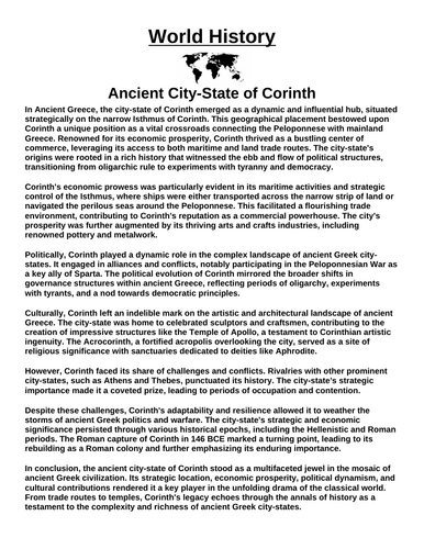 Ancient City-State of Corinth “Article & Questions” Assignment