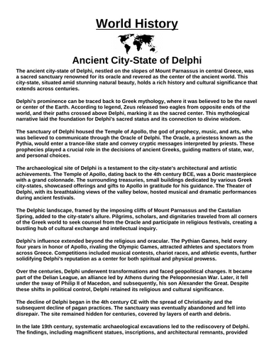 Ancient City-State of Delphi “Article & Questions” Assignment