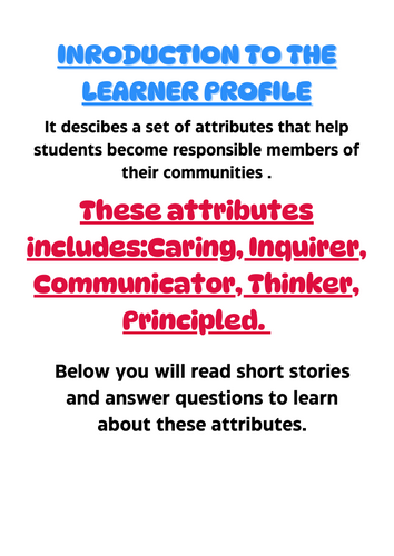 READING COMPREHENSION (IB LEARNER PROFILE ATTRIBUTES) GRADE1