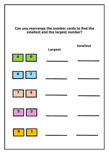 Smallest and largest number cards worksheet