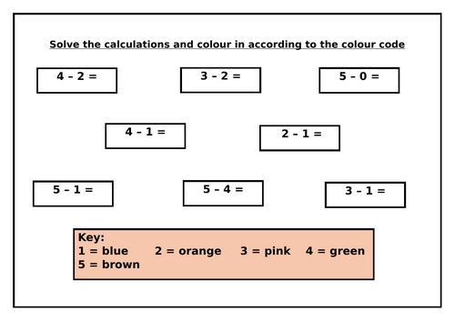 Subtraction below 5 - colouring sheet