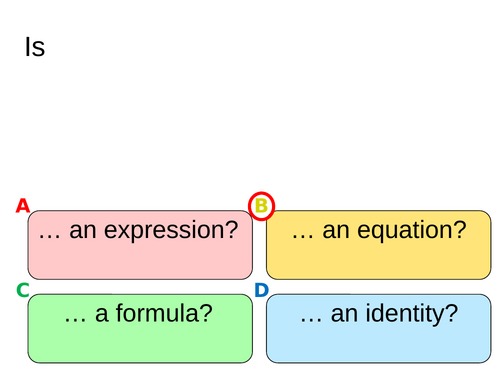 Quiz on expressions, equations, formulae and identities