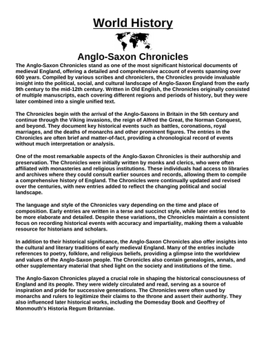 Anglo-Saxon Chronicles “Article & Questions” Assignment