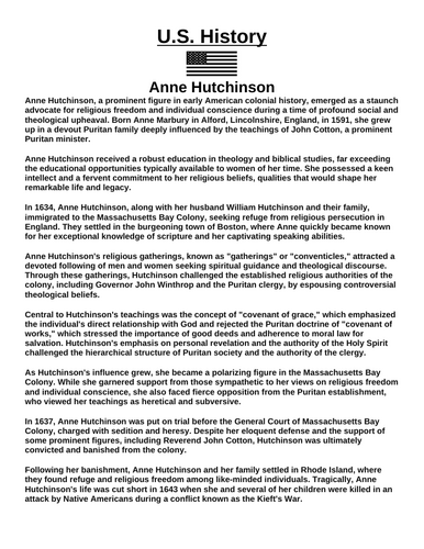 Anne Hutchinson “Article & Questions” Assignment