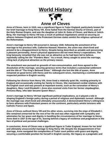 Anne of Cleves “Article & Questions” Assignment