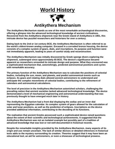 Antikythera Mechanism “Article & Questions” Assignment