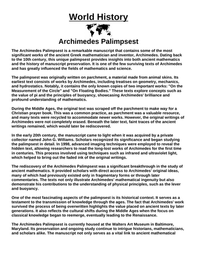 Archimedes Palimpsest “Article & Questions” Assignment