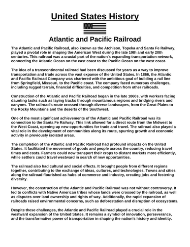 U.S. Atlantic and Pacific Railroad “Article & Questions” Assignment