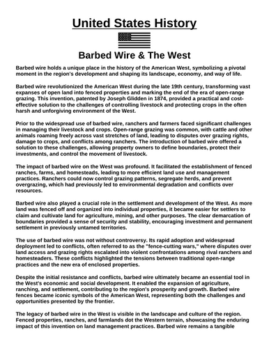 Barbed Wire & The West “Article & Questions” Assignment