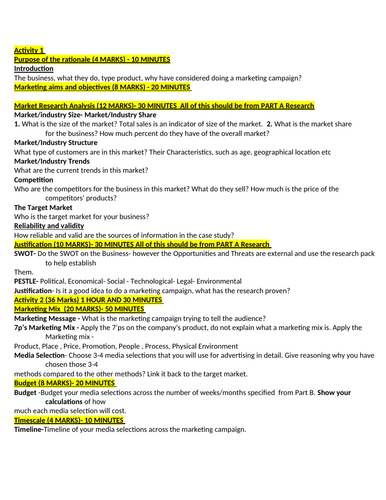 BTEC Level 3 Business Unit 2 Developing a marketing campaign structure and part a template (Exam)