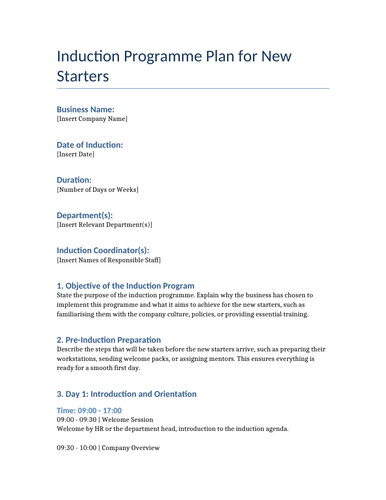 Unit 21 Training and Development Induction Plan Template