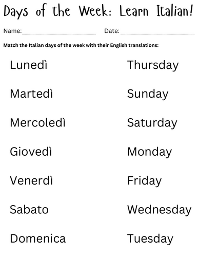 seven days of the week in italian language worksheet - giorni della settimana