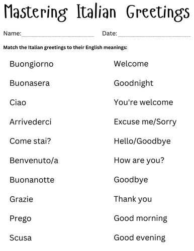 greetings in italian worksheet - easy italian greetings