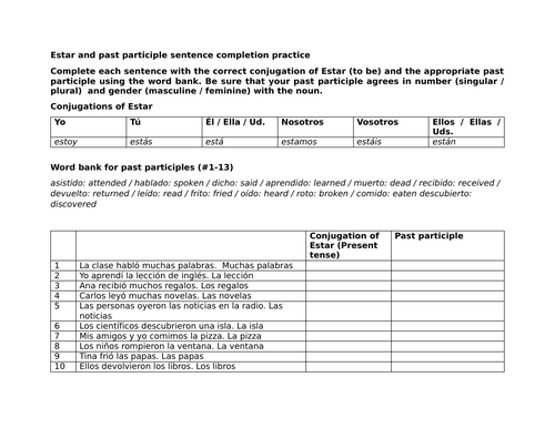 Estar and past participle sentence completion practice