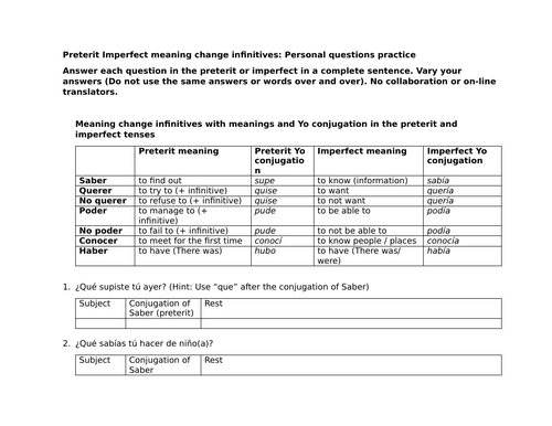 Preterit Imperfect meaning change infinitives: Personal questions practice