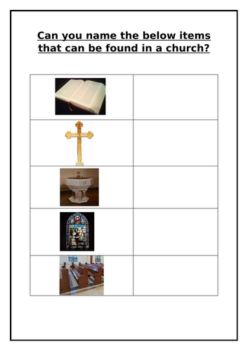 Items that can be found in a church worksheet