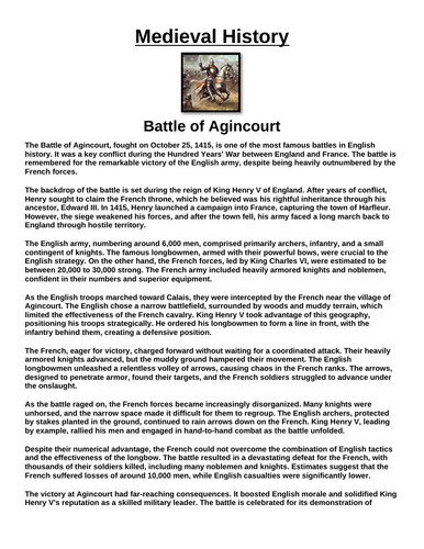 Battle of Agincourt “Article & Questions” Assignment